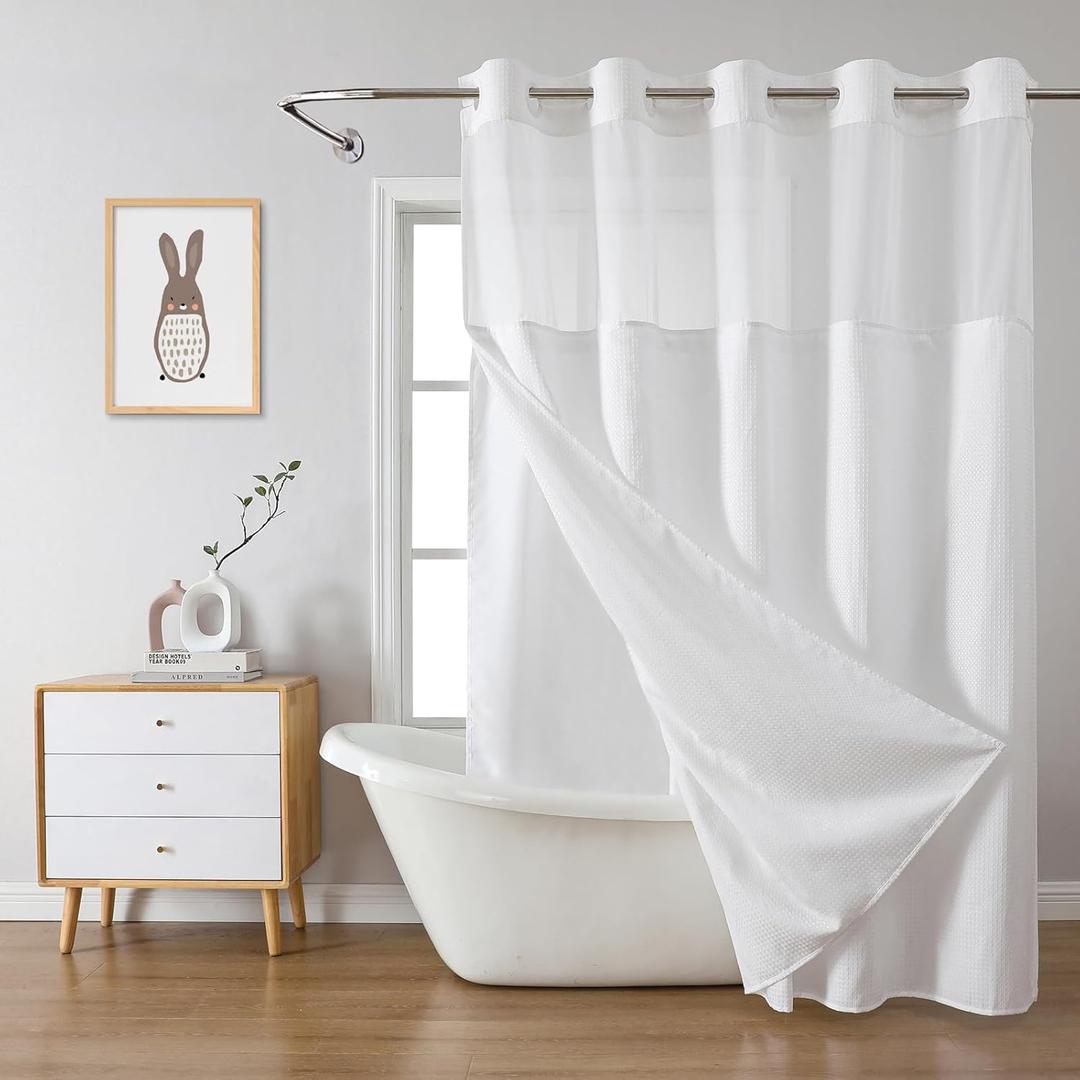 eachope White No Hook Waffle Weave Shower Curtain with snap-in Liner Replacement, 230GSM Waterproof Fabric Hotel Shower Curtain Set for Bathroom, Through Mesh Top Window, 71Wx74H - White