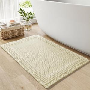 RESARE Waffle Bath Mat for Bathroom, Super Absorbent Bathroom Rugs Non Slip Machine Washable, Ultra Soft Quick Dry Boho Bath Rugs with Tassels for Floor, Upgraded Bordered Design, 18"x30" Cream