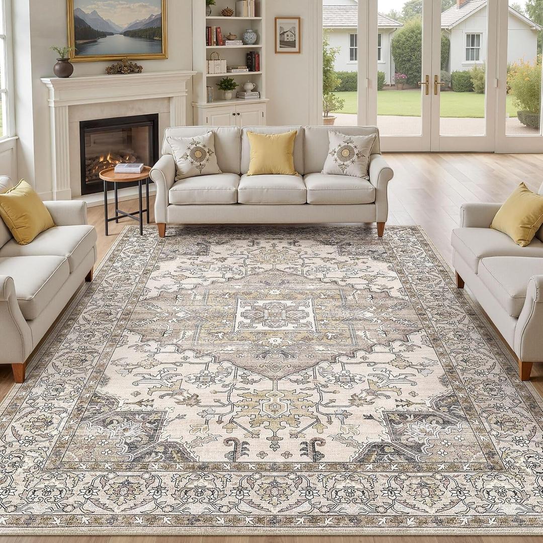 9x12 Washable Area Rugs for Living Room: Non Slip Vintage Brown Rug, Large Soft Stain Resistant Indoor Floor Carpets for Bedroom Dining Room Farmhouse Nursery Home Office Kid & Pet Friendly