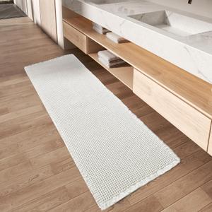 AMOAMI Waffle Runner Rug Super Absorbent Non Slip Bath Mats for Bathroom Floor, Machine Washable Boho Bathroom Runner Rug with Tassels, Ideal for Hallway Bedroom Laundry Room, 2' x 5' (White)