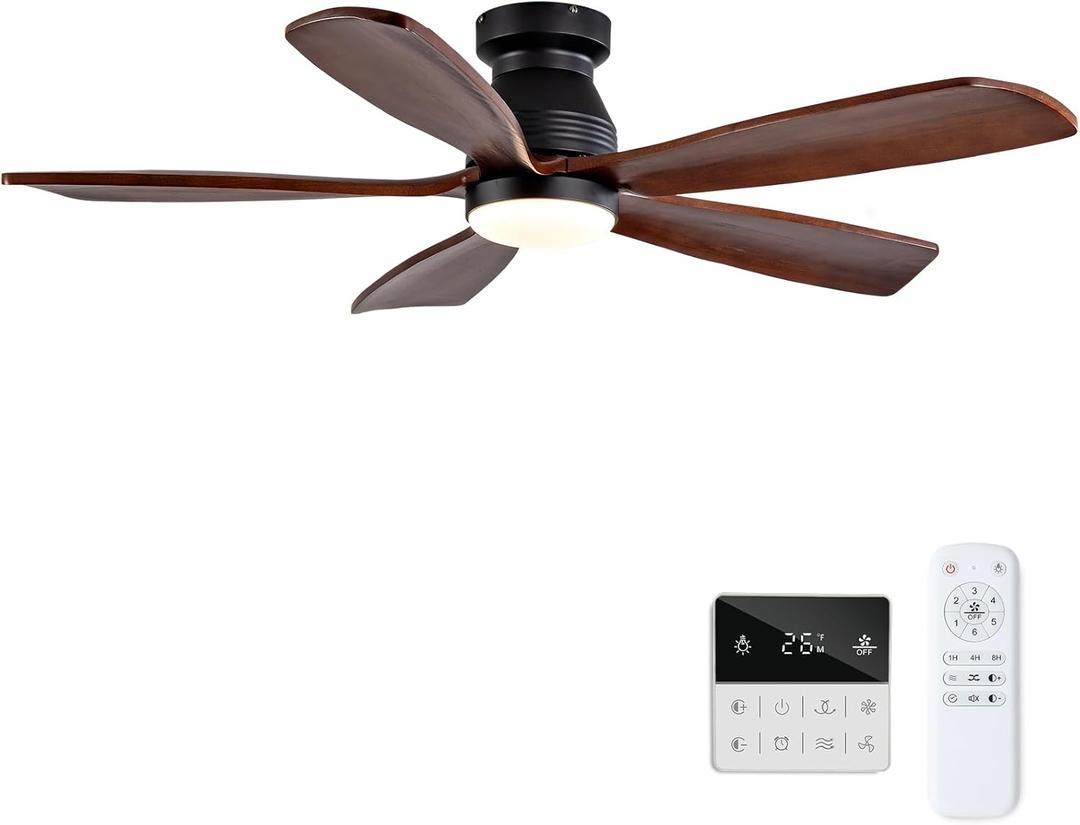 48 Inch Flush Mount Ceiling Fans with Lights and Remote, Dimmable, 5 Blades, Wood Ceiling Fan with Light, Low Profile Outdoor Indoor Modern Ceiling Fan for Living Room Bedroom Patio