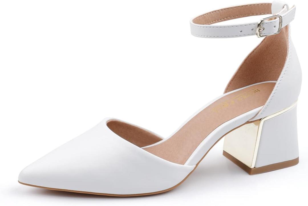 BCTEX COLL Womens Pointed Toe Pumps Shoes Ankle Strap Chunky Low Heels Metal Lined Sandals Designed for Women (White), size 8.5