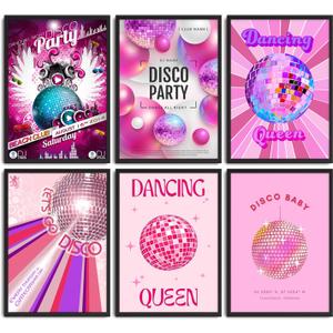 6Pcs Pink Disco Ball Wall Art Vintage Trendy Bar Cart Painting Pictures Wall Decor Vintage Funky Bar Posters Prints Artwork for Bar Aesthetic Home Decoration Unframed (12x16in)