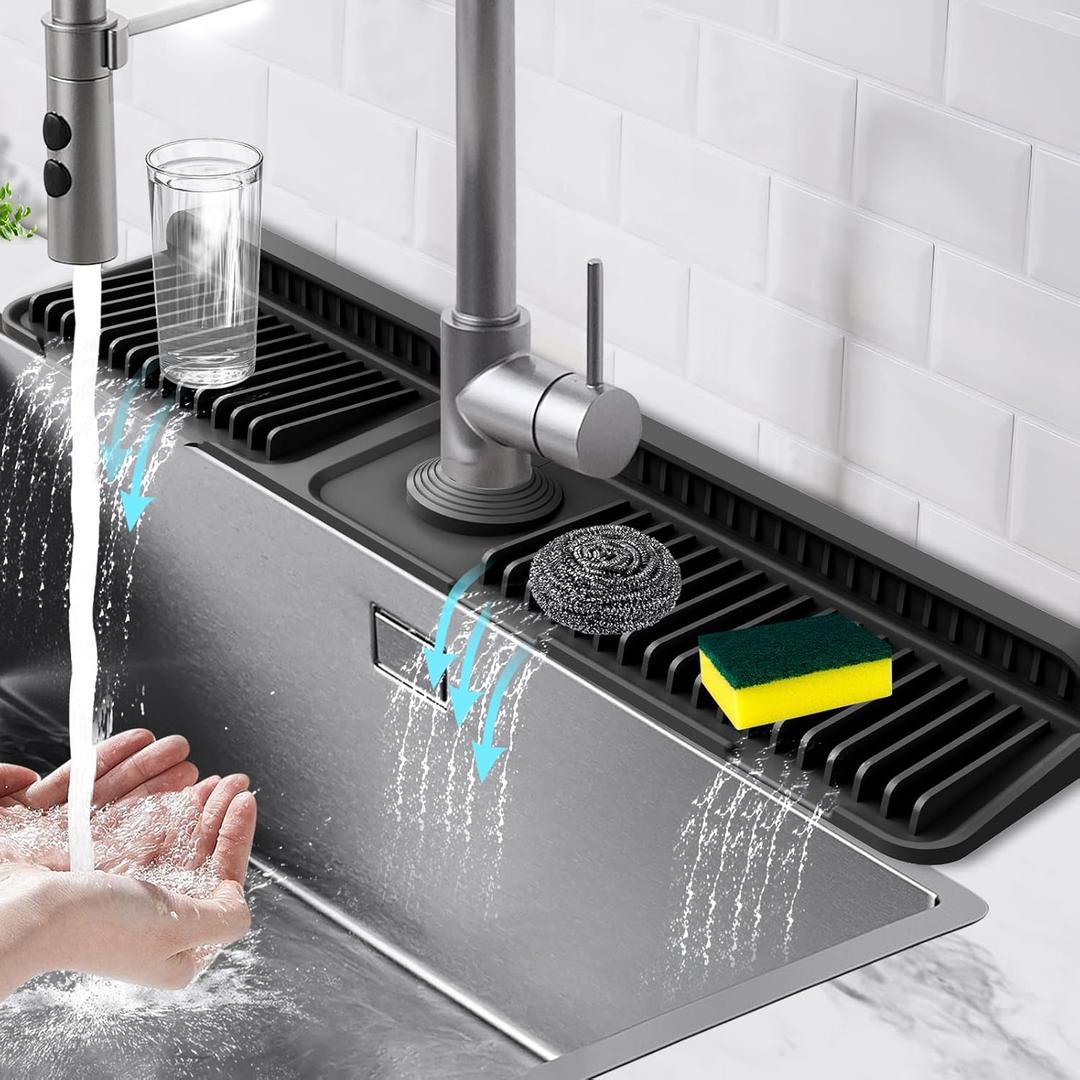 24-Inch Kitchen Sink Splash Guard Mat | 7 Slope for Fast Self-Draining | Snap-Lock Design | Universal & Cuttable Silicone Faucet Mat (Black) (24" x 5.5")