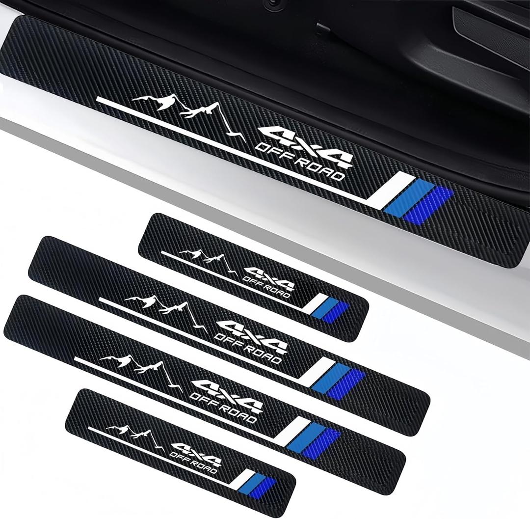 4Pcs Tri-Color Car Door Sill Protectors Fiber Leather Retro Stripe Front Rear Door Edge Guard Stickers Compatible with Tacoma 4Runner Tundra Rav4 Highlander 4x4 Offroad Accessories (BW 4X4)