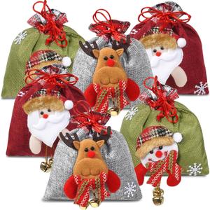SHANGRLA Christmas Gift Doll Bags with Drawstring - Burlap Xmas Gift Bags for Kids, Reusable Cloth Christmas Pouches for Presents, Holiday Stockings, Treats, Goodies, Party Favors (6 Pack)