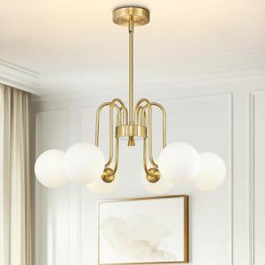Gold Chandelier with Frosted Glass Globe, 6-Light Modern Pendant Light for Kitchen, Bedroom, Hallway, Living Room,CKPL4845-6P-PG