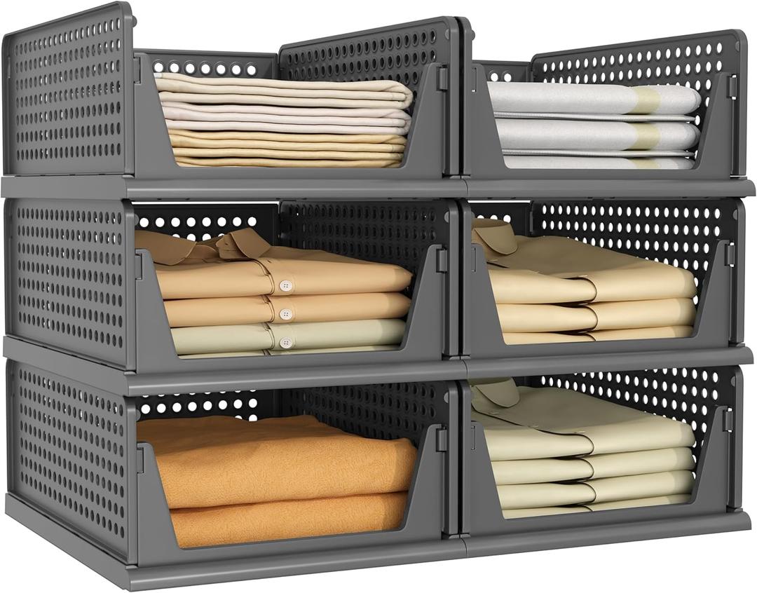 Pinkpum 6 Pack Closet Organizers Storage Box, Stackable Plastic Drawer Basket for Clothing, Stackable Storage Bins Shelf Storage Container for Closet Wardrobe Bedroom Bathroom Office Black
