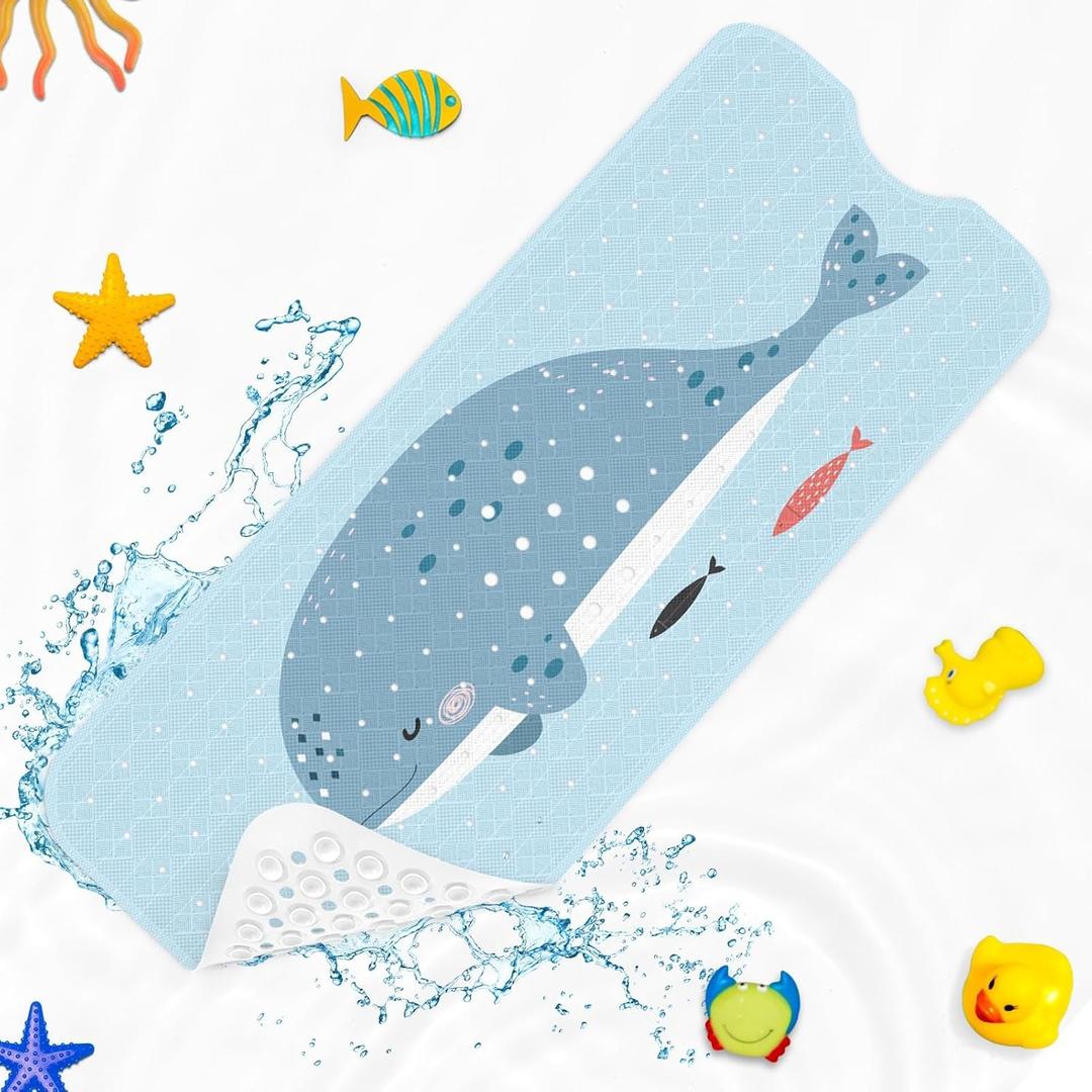Cute Whale Ocean Bathtub Shower Mat Funny Kids Sea Non-Slip Tub Extra Long Bath Floor 40X16 Inch Machine Washable for Bathroom Tub Bath Mat for Toddler and Baby