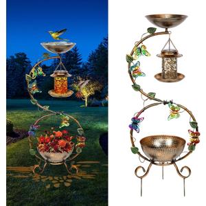 3 In 1 Bird Bath for Outside and Solar Bird Feeders Combo with Flower Planter Pedestal, 38" Metal Bird Baths Heavy Duty for Outdoors, Vintage Birdbaths for Garden Yard Lawn Decor -Waterproof