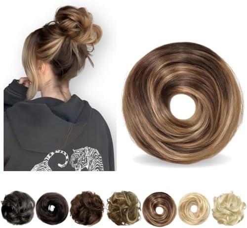 Charmele Messy Bun Hair Piece Human Hair, Human Hair Bun, Messy Bun Scrunchie Updo Hairpieces Donut, Real Hair Bun Wig, Hairpiece for Women Medium Brown Mixed Honey Blonde