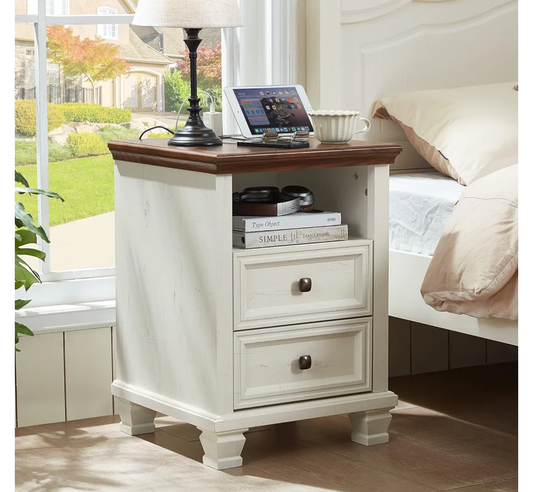 SAVOR LIFE Farmhouse Nightstand with Charging Station, Rustic White Nightstand,2 Drawers End Table for Living Room,Bedside Table with Open Shelf for Bed Room,Single,White