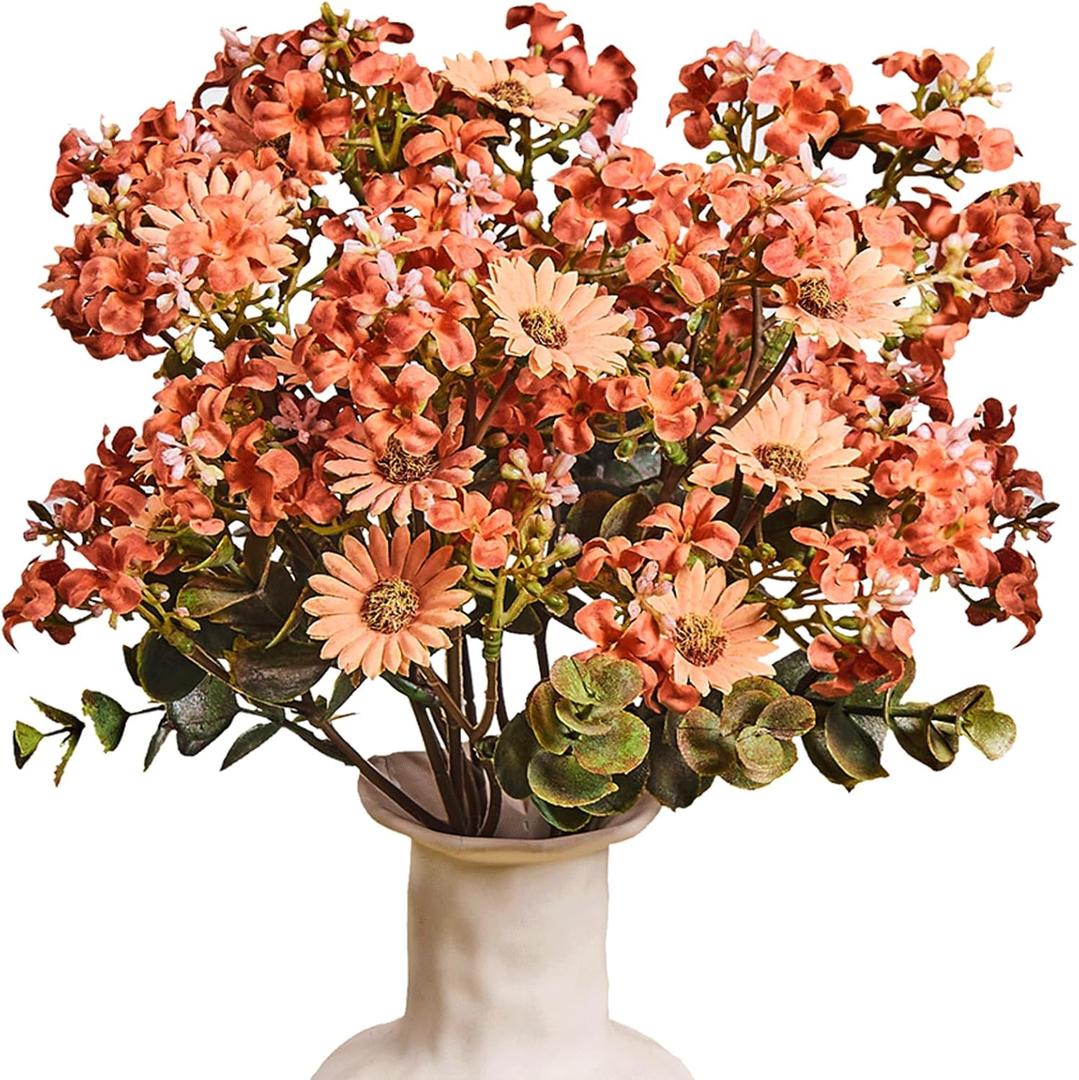 7pcs Artificial Fall Flowers for Indoor & Outdoor Decor, Burnt Orange Fake Mums Bouquets, Faux Mums Lilac Flowers for Thanksgiving/Halloween, Autumn Planter Arrangements (Durable UV Resistant)