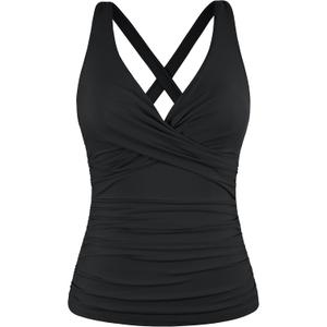 Hilor Women's Underwire Tankini Top Tummy Control Bathing Suits Sexy V Neck Crossover Swim Top Only (Black, XL)