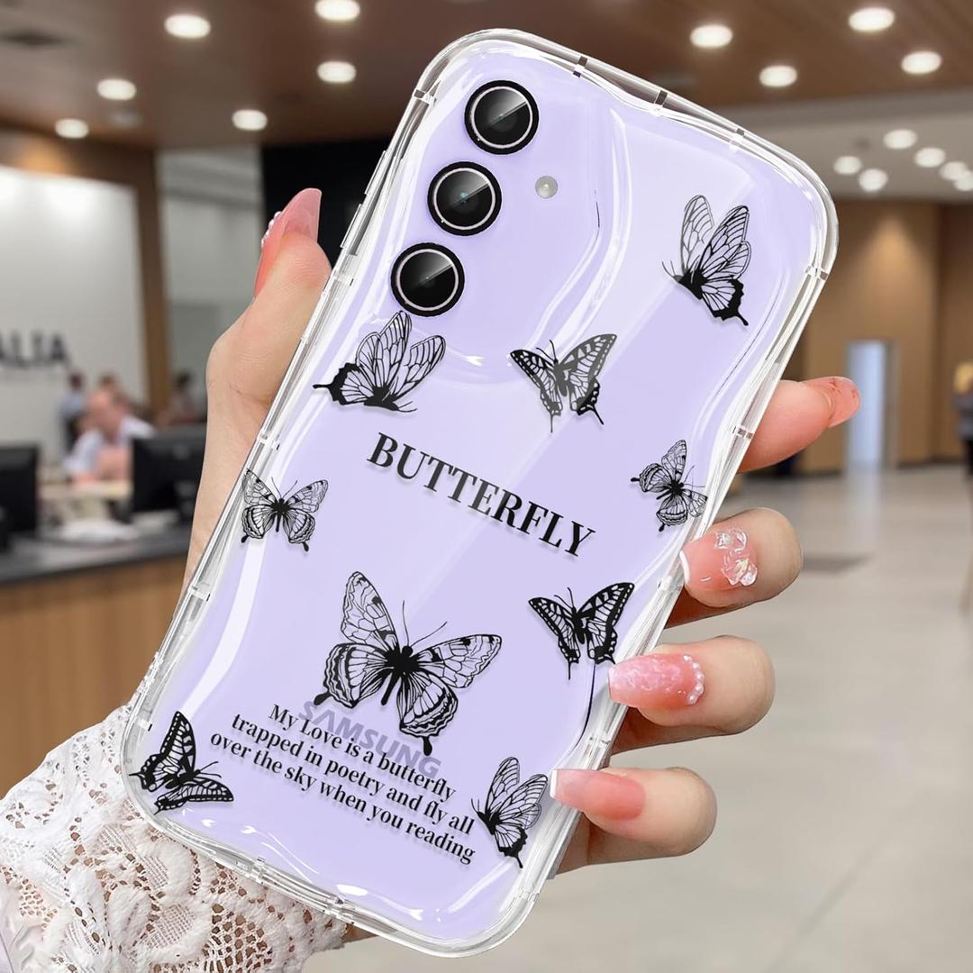 2 x Compatible for Samsung Galaxy A35 5G Case, Pretty Butterfly Print Three-Dimensional Wave Clear Case for Girls Women, Soft Full Package Anti-Fall Cover for Galaxy A35 5G, Shadow Dance Black