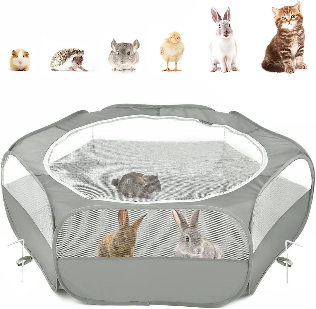 Pawaboo Small Animals Playpen, Waterproof Small Pet Cage Tent with Zippered Cover, Portable Outdoor Yard Fence with 3 Metal Rod for Chick/Kitten/Puppy/Guinea Pig/Rabbits/Hamster/Chinchillas, Light Gray