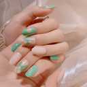 24 Pcs Gold Line Press on Nails Short Almond Glossy Fake Nails Green False Nails Stick on Nails Full Cover Reusable Acrylic Nails for Women Nail Design