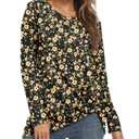 NILOUFO Womens Long Sleeve Shirts Casual Blouses Trendy Twist Knot Tunics Tops for Leggings(Yellow Flower, Small) (Black, S)