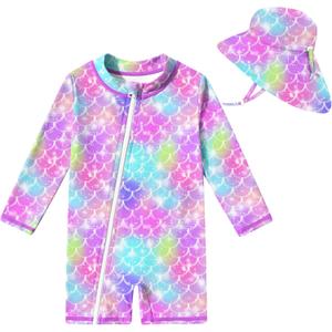 UNIFACO Infant Baby Girl Swimsuit Full Zipper Bathing Suit with Sun Hat UPF 50+ Long Sleeve Rash Guar Swim Suit (9-12 Months)
