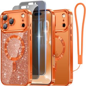 Meifigno for iPhone 17 Pro Max Case with 2X Privacy Screen Protectors(6.9''), [Glitter Card & Wrist Strap] [Compatible with MagSafe] Surround Raised Lens Protection for 17 ProMax Case Women, Orange