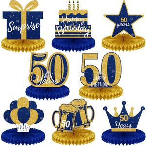Spakon 8 Pieces Blue Gold 50th Birthday Table Decorations 50th Birthday Honeycomb Centerpieces Glitter Table Toppers Blue and Gold Party Decorations for Men and Women Party Supplies