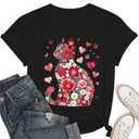Floral Cat Valentines Shirt Women Womens Valentines T-Shirt Cat Lover Valentines Gift Tee Tops Black (Black, M)