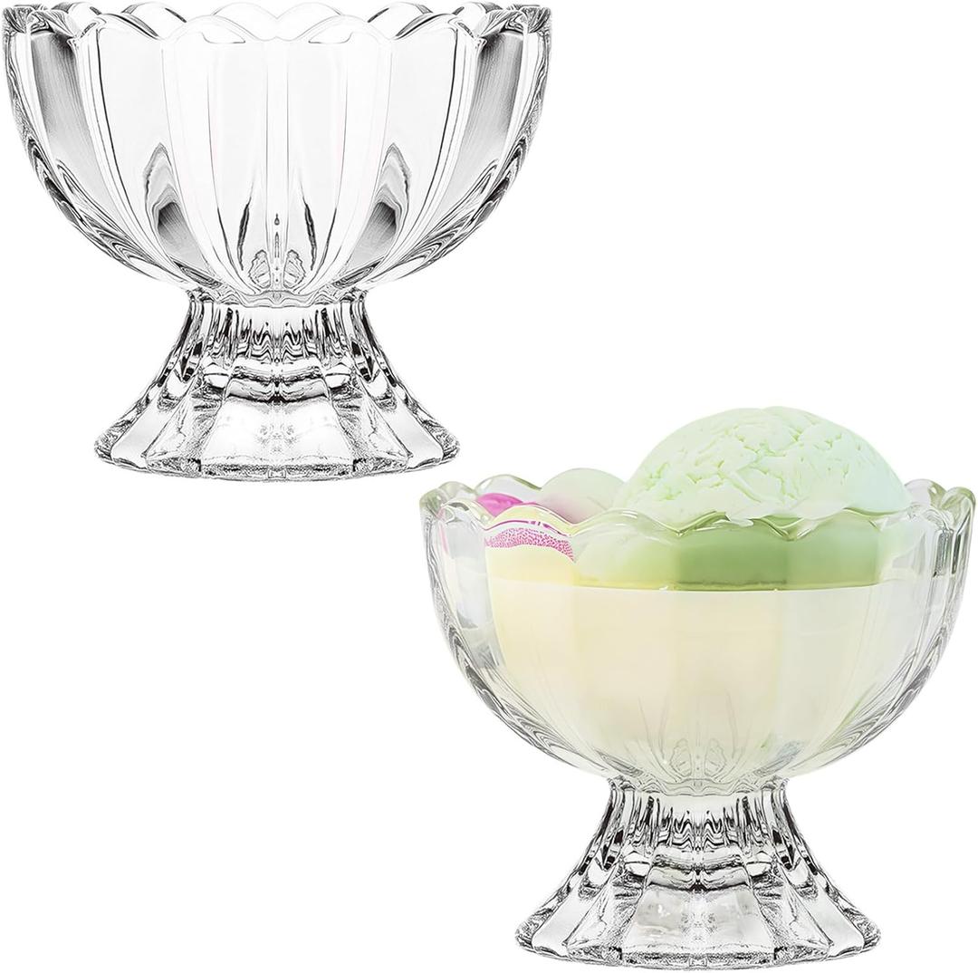 5oz Vintage Glass Dessert Bowls Set of 2, Heavy Base Ice Cream Cups for Sundae, Fruit, Pudding, Snacks & Condiments