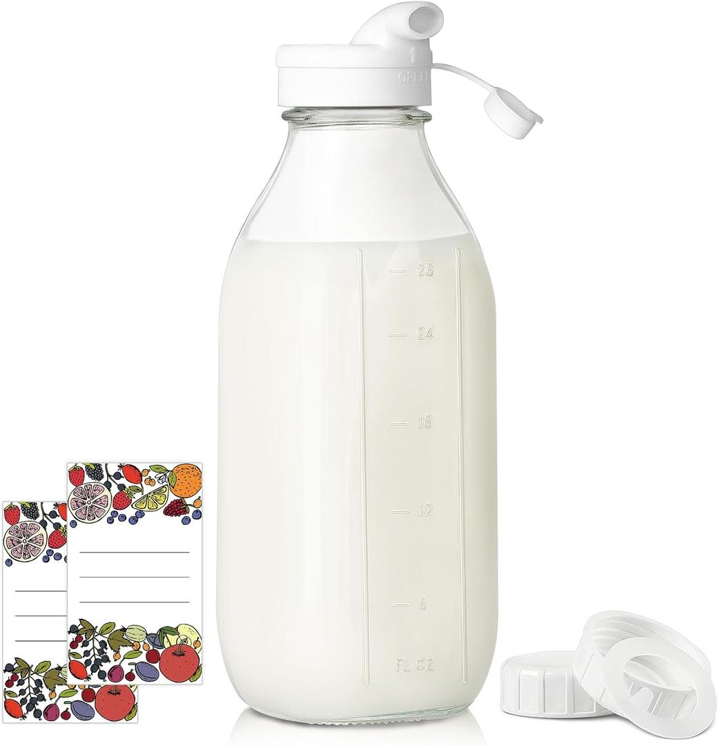 Syntic Square Liter Glass Milk Bottles with Airtight Lid - 100% Leak-Proof Heavy Duty Screw Cap, 32 Oz Glass Juice Bottles w Scale Mark, Reusable Jugs Pitcher for Homemade Juice(Extra 1 Lid and Pen)