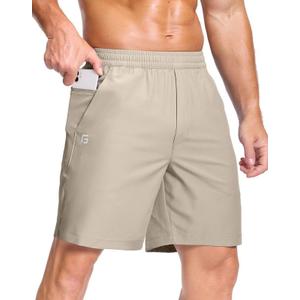 GGJ Men's Lightweight Athletic Shorts with Zipper Pockets 7"/5"/9" Gym Workout Running Quick Dry Tennis Shorts for Men (Beige) L