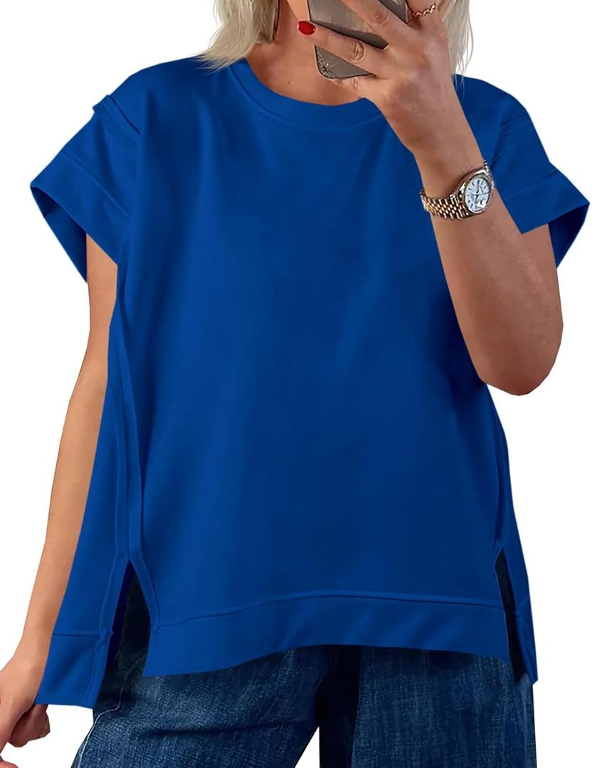 Tankaneo Womens Oversized Short Cap Sleeve T-Shirts Crew Neck Side Slit Tops Summer Casual Loose Fit Tees Tunic Shirts (Blue, L)