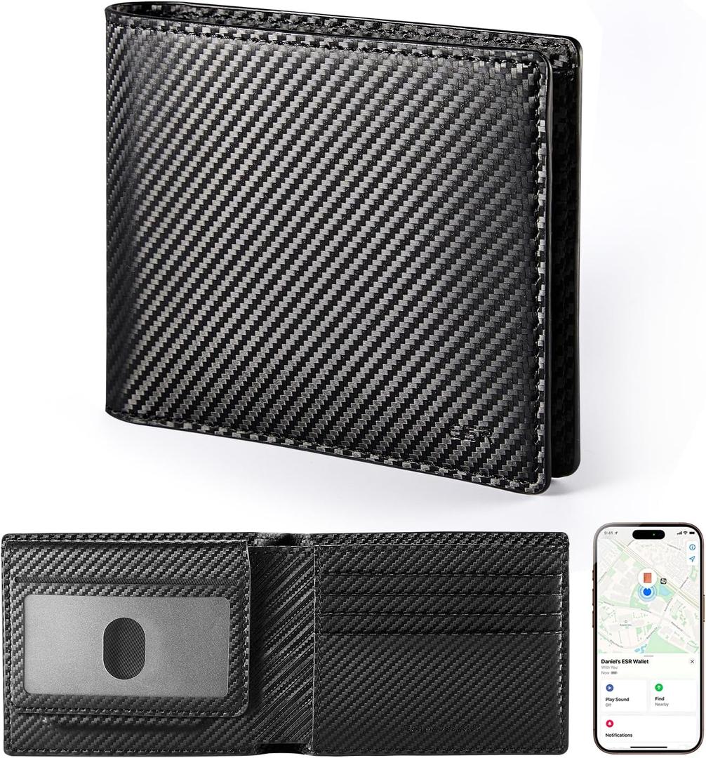 ESR Geo Wallet with Find My, RFID Blocking, Wallet for Men, Wallet Tracker(iOS 14.5 Above Only), Holds 9 Cards and 15 Bills, Replacement for AirTag Wallet, Slim Bifold Card Holder, Carbon Fiber
