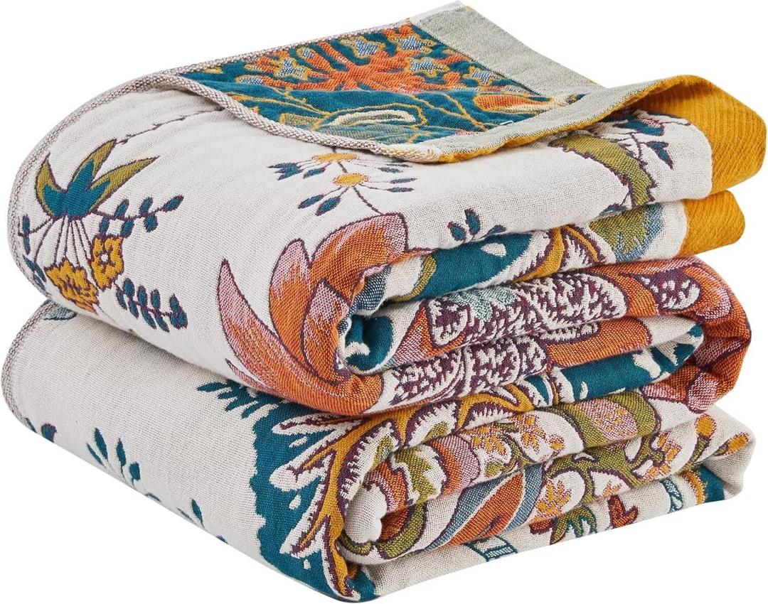 Boho Throw Blanket Farmhouse Decor Throw Blanket Bohemian Blanket for Bed 100% Cotton Muslin Woven Couch Blanket All Seasons Quilt Bedroom (J-Beige, 60"x80")