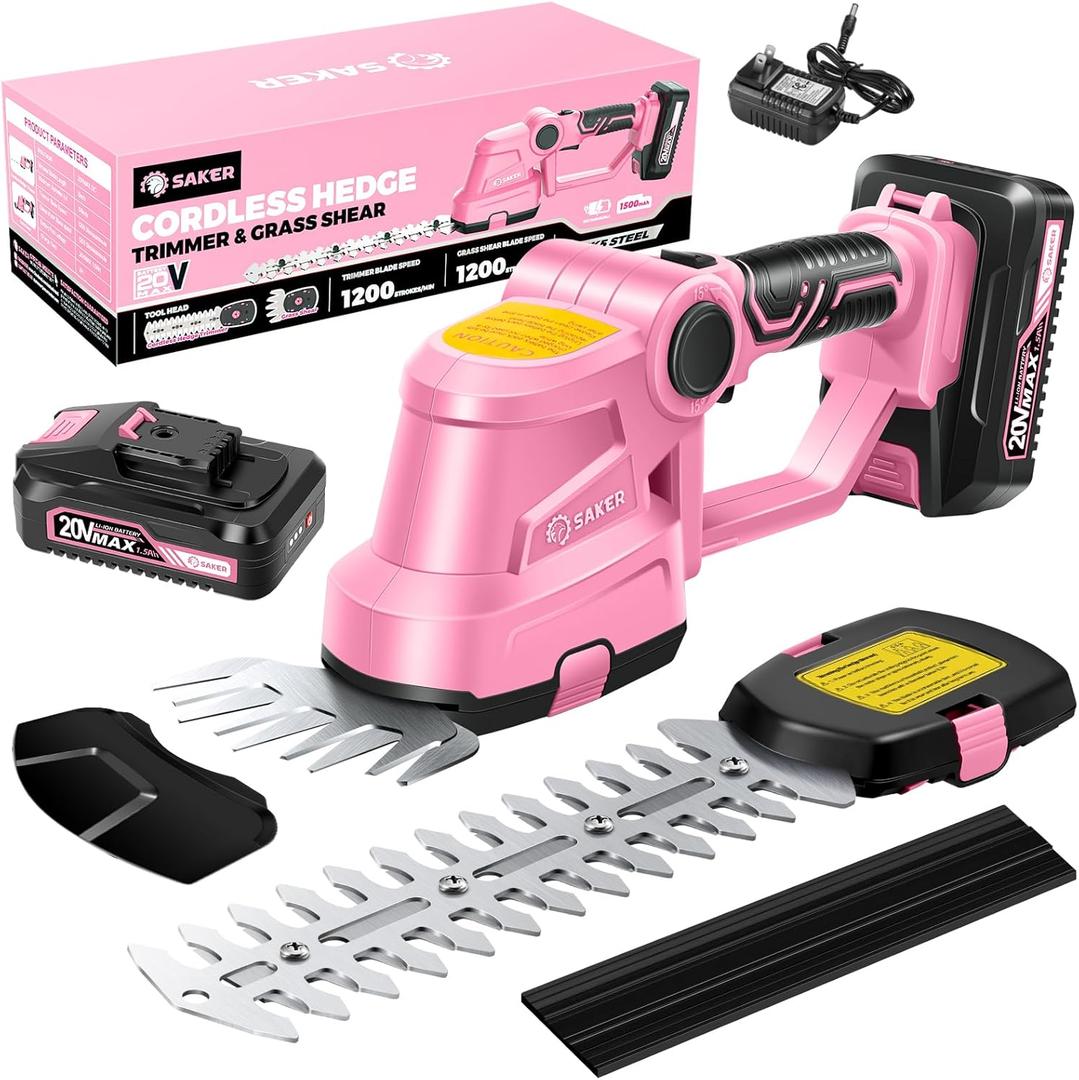 Saker Cordless Hedge Trimmer-20V Electric Shrub Trimmer Grass Shears Handheld Grass Cutter, Hedge Shear with 1 PCS Rechargeable Battery and Charger for Garden, Lawn(Pink)