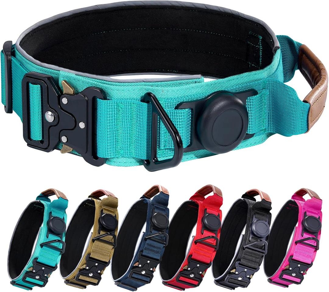 Airtag Dog Collar, Tactical Dog Collar with AirTag Holder & Handle, 2" Wide Heavy Duty Military Collar with GPS Tracking for Medium Dogs, Reflective Nylon Collar with Metal Buckle (Teal, M)