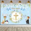 7x5ft God Bless Baptism Backdrop Christening Party First Holy Communion Background Gold Glitter Chalice Doves Holy Blue Baptism Gold Bless Newborn Baby Shower Banner Photo Booth Props