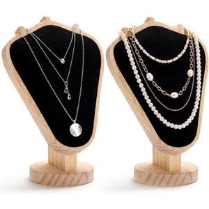 Sureio 2 Pcs Vintage Velvet Necklace Display Stand 8.3 x 5.5 x 3.35 Inches Mannequin Velvet Jewelry Necklace Holder Elegant Decor for Wedding Jewelry Selling Trade Shows (Black, Wood Color)