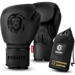 FIGHTR Pro Boxing Gloves Made of Genuine Leather | Men and Women | for Boxing, MMA, Muay Thai, Kickboxing & Martial Arts 10 12 14 16 oz | incl. Carrying Bag (All Black)