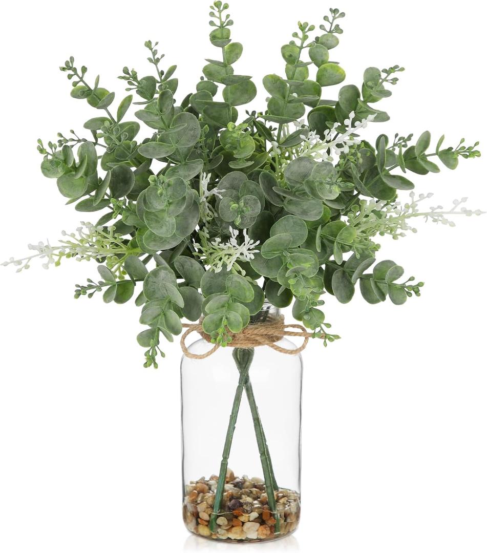 Briful 14.2" Artificial Eucalyptus Stem in Glass Vase with Faux Water  Small Fake Plant with Decorative Stones  Eucalyptus Leaves Artificial White Seeds Decor for Indoor Tabletop Shelf Office