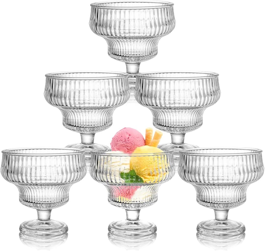 Set of 6 Glass Ice Cream Bowls, 10 Oz Vintage Heavy Base Footed Dessert Cup Set, Stripes Clear Embossed Glass Serving Bowls for Sundae, Ice Cream, Fruit, Parfait