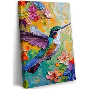 2D No Texture Colorful Painting Hummingbird Canvas Wall Art, Spring Flower Wall Decor, Hummingbird Picture for Wall Living Room Bathroom Bedroom Home Decoration 24*36 in (Stretched Canvas on A Wooden Frame)
