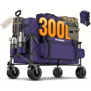 FUNDANGO Collapsible Wagon Carts Foldable Wagons, 180L Large Capacity Beach Wagon with Big Wheels for Sand, 330lbs Heavy Duty Beach Cart with All-Terrain for Outdoor Camping Shopping Garden Groceries