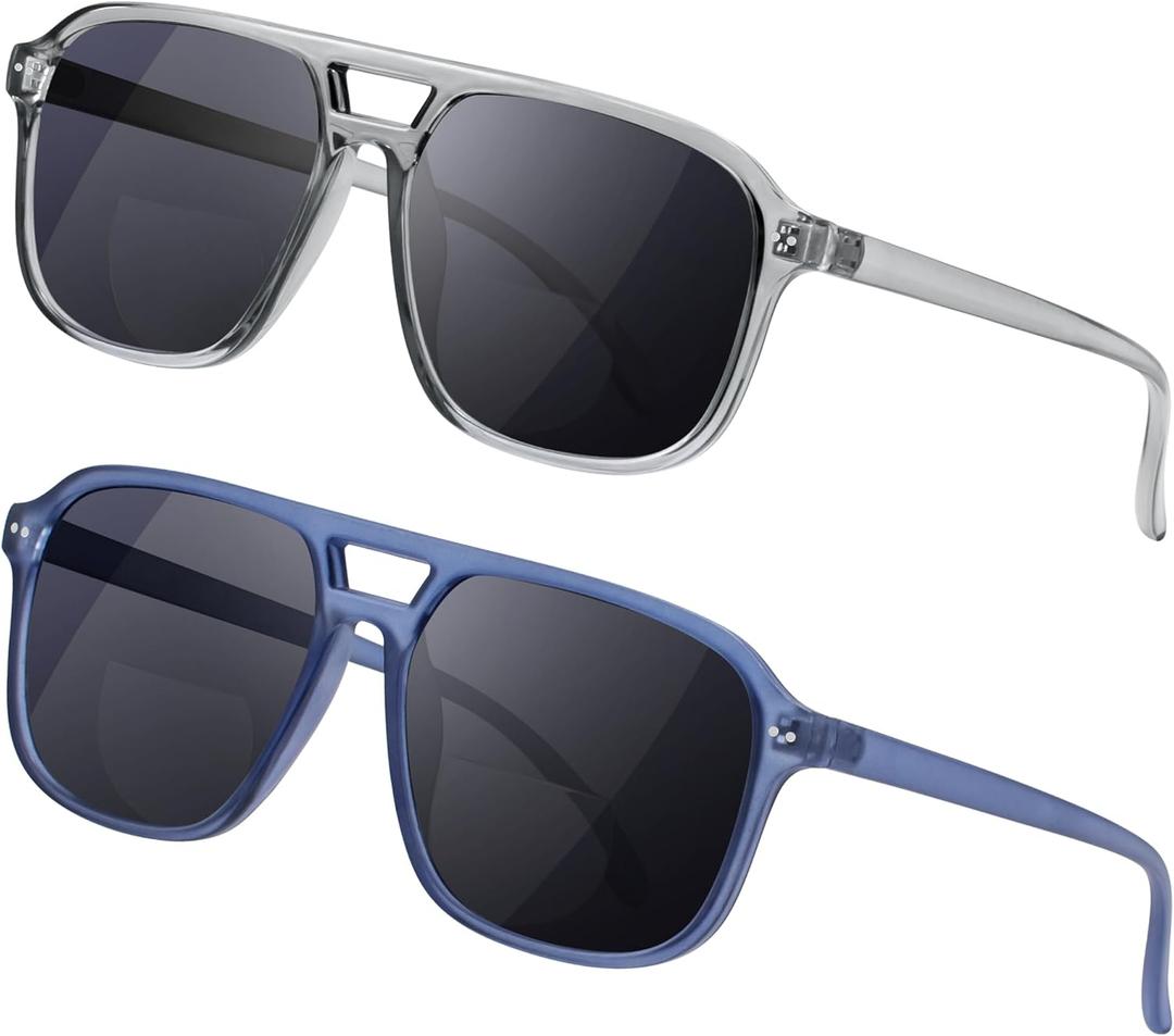 Madison Avenue 2 Pack Retro Aviator Bifocal Reading Sunglasses for Men and Women, Trendy Sun Reader Mens Womens UV Protection Grey/Blue +2.0