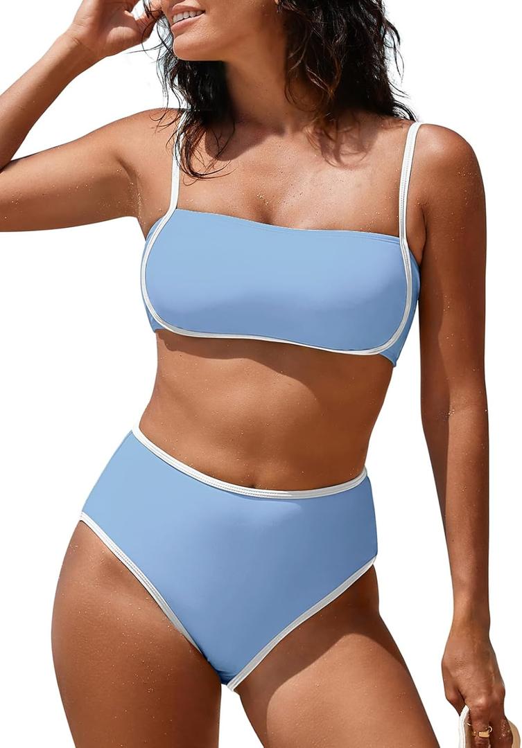 Pink Queen 2026 Women's High Waisted Bikini Sets Two Piece Swimsuit Color Block High Cut Bathing Suits Beach (Blue, S)