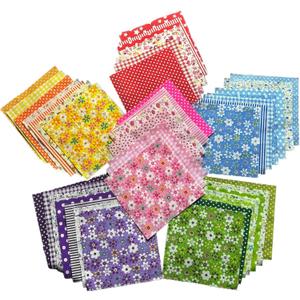 42 Piece Cotton Quilting Fabric Squares, 5x5 Inch Pre-Cut Floral Patchwork Bundle in Red, Pink, Yellow, Green, Blue, Purple for DIY Sewing, Scrapbooking, Craft Projects