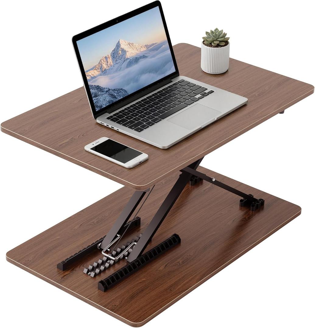 Standing Desk Converter Adjustable Height, 25.16" 15.75" Height Adjustable Desktop Riser, No Assembly Required, Desktop Workstation for Laptop, Monitor and Office Use (Natural Wood) (Natural), 25.16" 15.75" 2.75"