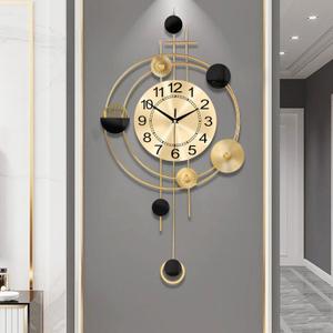 Wall Clock with Pendulum, Silent Quality Quartz Battery Operated, Round Analog Large Wall Clock for Living Room Kitchen Bathroom Bedroom Wall Home Decor, 15.4x28inch, Golden