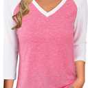 LilyCoco Womens 3/4 Sleeve V Neck T Shirts Casual Color Block Raglan Shirt Pink, Small