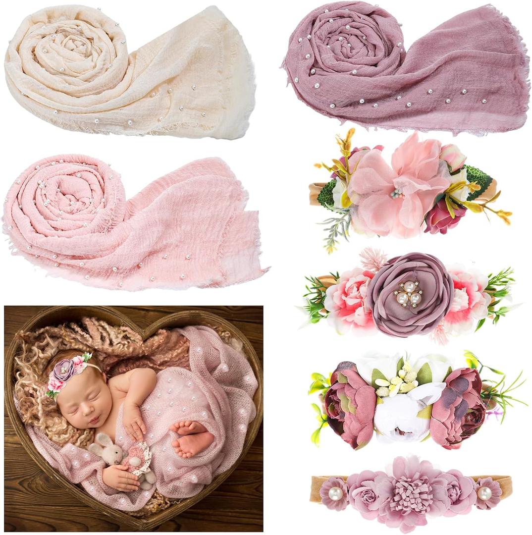 Buryeah 7 Pcs Baby Photoshoot Props Wrap Kit Includes 3 Pcs 66.9 x 35.4'' Newborn Photography Props 4 Pcs Baby Flower Headband Photo Supplies for Boy Girl Infant Toddler