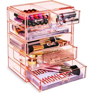 Sorbus Acrylic Makeup Organizer - Organization and Storage Case for Cosmetics Make Up & Jewelry - Big Clear Makeup Organizer for Vanity, Bathroom, College Dorm, Closet, Desk (4 Large, 2 Small Drawers) (Pink)