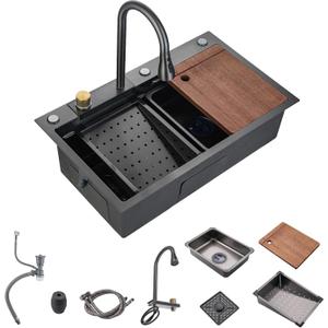 30"Kitchen Sink with Faucet Combo Waterfall Black Stainless Steel Waterfall Sink Kitchen Countertop Multi-Functional Sinks Farmhouse Undermount or Countertop Drop in